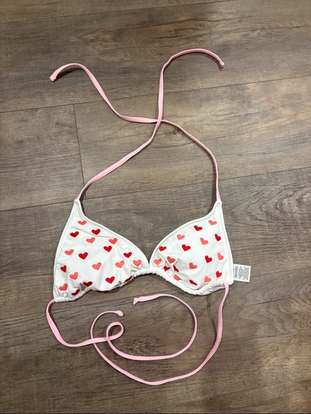 No Boundaries White Triangle Bikini Top with Pink Trim and Red Heart Print